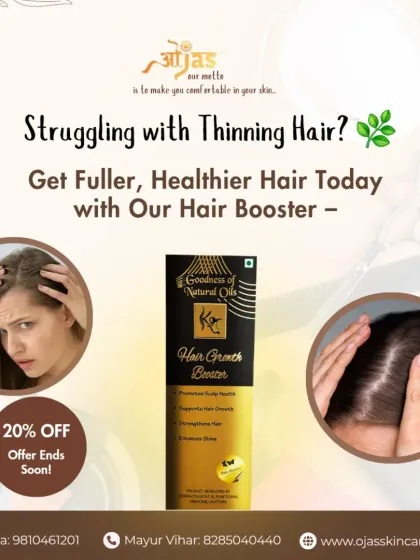 **Struggling with thinning hair? Our Hair Growth Booster can help.** This formula is designed to promote scalp health, support growth, and strengthen strands for fuller, healthier hair.