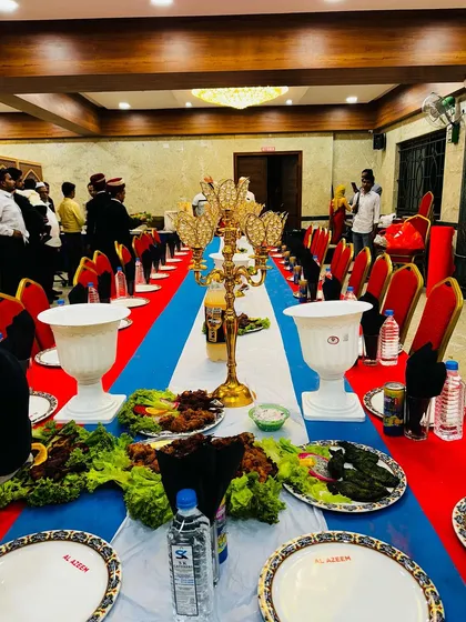 A full view of our red, white, and blue themed Shahi Table, showcasing a patriotic or custom color scheme requested by the client.