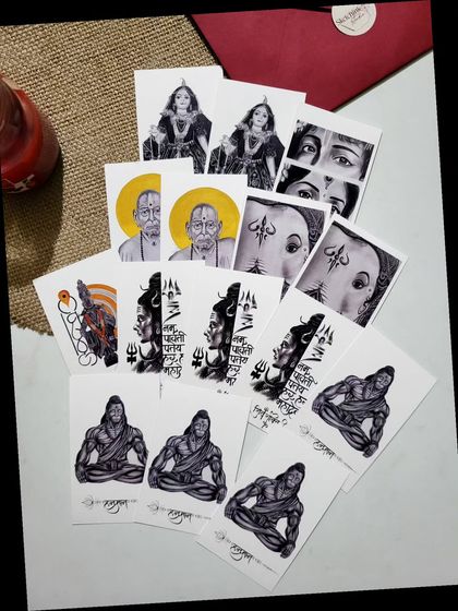 A glimpse of the different postcard designs available, featuring deities like Mahadev, Swami Samarth, and Radharani. Each one is a miniature version of my original hand-drawn artwork.