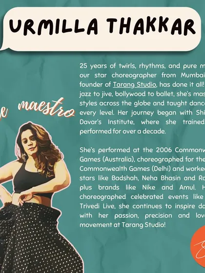 A little about my journey. With 25 years in dance, from performing at the Commonwealth Games to founding Tarang Studio, I pour all my experience into creating impactful wellness programs for your team.