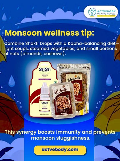 A Kapha-Balancing Ritual to Beat Monsoon Laziness. Feeling slow and heavy? This Ayurvedic combination is designed to reboot your energy. A few Shakti Drops in warm water, paired with light meals and a small portion of nuts, helps strengthen digestion and boost energy on cloudy days.