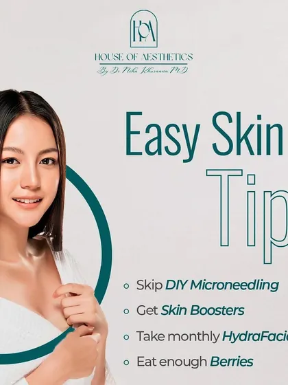 Here are some easy skin tips to elevate your routine. Skip DIY microneedling, get professional skin boosters, enjoy monthly HydraFacials, and eat plenty of antioxidant-rich berries.