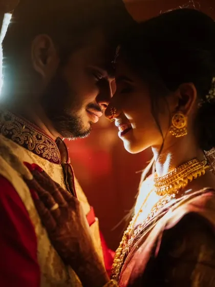 A beautifully backlit portrait of Shivani and Amey. The warm light creates an intimate glow, highlighting their profiles and the tender moment they share.