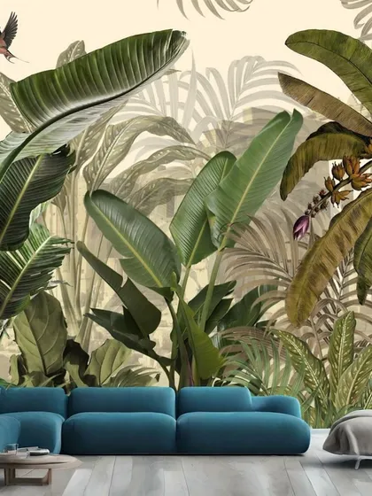 A lush and vibrant tropical leaf wallpaper that creates a jungle-like oasis in this living room. The design is rich in detail and color.