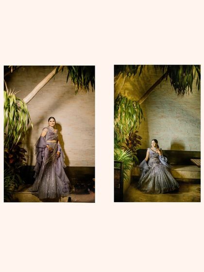A diptych of the bride in her glamorous lavender sangeet lehenga. These portraits showcase her elegant poses and the beautiful tropical setting.