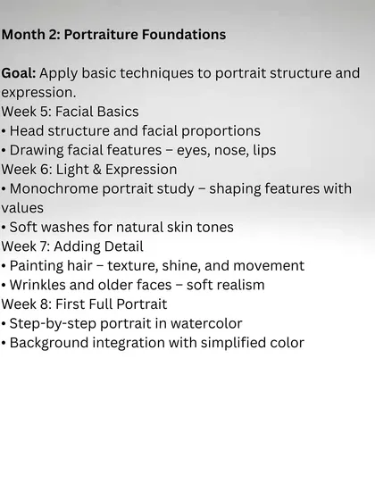 An overview of Month 2: Portraiture Foundations. Here, we apply our basic skills to understanding facial structure and creating expressive portraits.