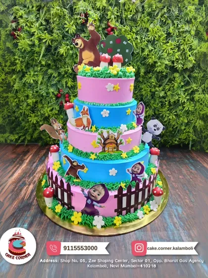 For the little ones who love cartoons, I can make big, multi-level cakes like this Masha and the Bear themed one. It's perfect for large birthday parties and is always a hit with the kids.