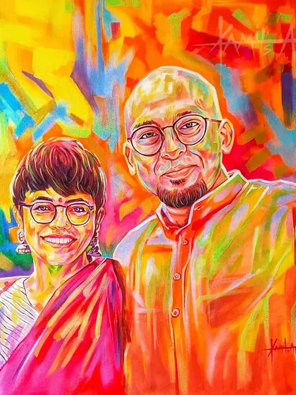 This hand-painted acrylic portrait captures a couple's bond with a burst of modern, vibrant color, making it a perfect statement piece for any home.