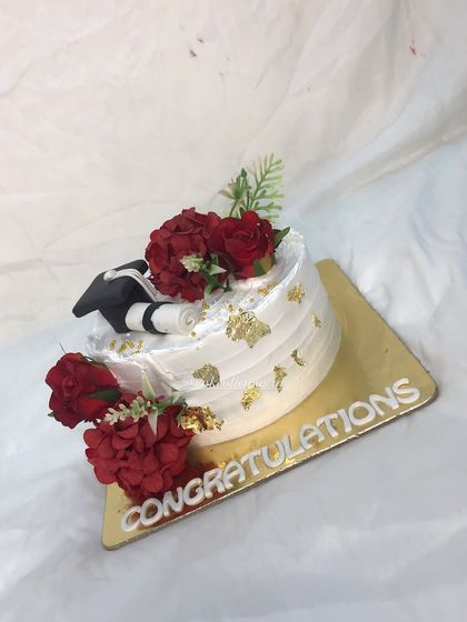 An angled view of the graduation celebration cake.