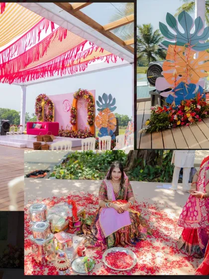 The Haldi decor was playful and fresh, with a hot pink and tropical color palette. We used large leaf-motif cutouts and floral arches to create a photo-worthy backdrop for the ceremony.