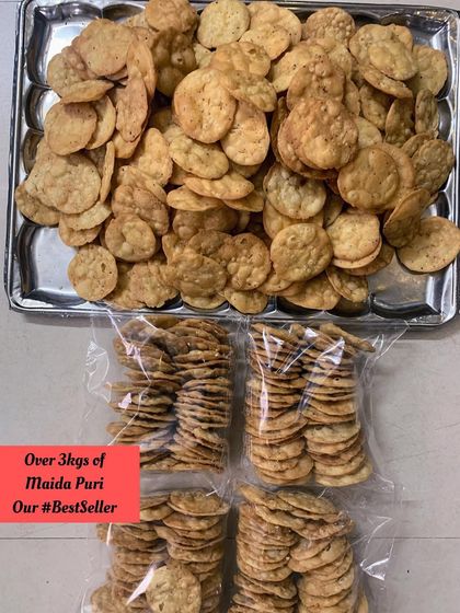 My bestseller, Maida Puri. I packed over 3 kgs of these crispy, flaky puris for a client. They are a favorite for a reason.