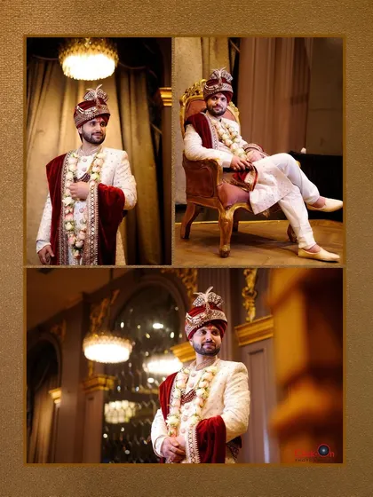 A collage of the groom, showing different angles and poses to highlight his complete wedding day look.