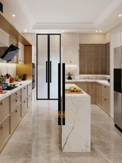 An open and airy kitchen with a marble island, light wood cabinets, and brass accents. The layout is designed for easy movement and social interaction.