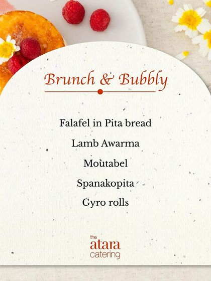A menu card for a "Brunch & Bubbly" themed event. This menu includes light and flavourful Mediterranean dishes like Falafel, Lamb Awarma, and Gyro rolls.