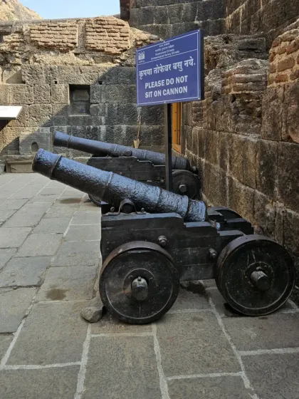 Old cannons on display at Lohagad fort. These historical artifacts are silent witnesses to the fort's long and storied past.