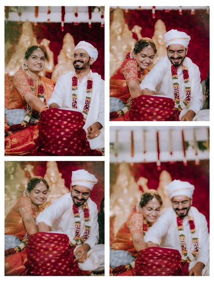 A collage of the couple enjoying a playful ritual during their wedding, their laughter captured in these candid shots.