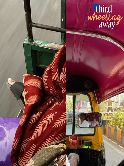 Third-wheeling away. The view from inside an auto, with my feet up, wrapped in a block-printed blanket.