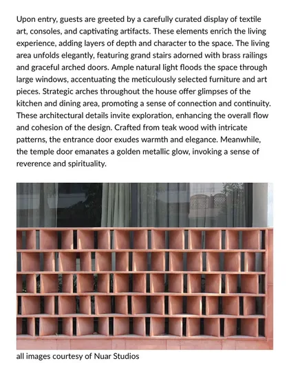 This excerpt from the designboom article details the interior experience of the Jaipur House. It describes the curated flow of spaces, from the grand stairs to the strategic arches that enhance connection and continuity.