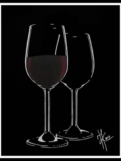 A minimalist line drawing of two wine glasses against a black background. It's a playful and witty piece inspired by a simple poem about wine, perfect for a kitchen or bar area.