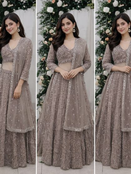 A collage showing multiple angles of this sophisticated taupe-brown lehenga. The all-over handwork gives it a rich, textured look that is both modern and elegant.
