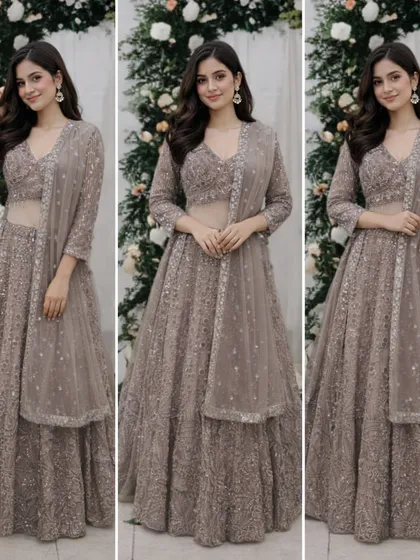 A collage showing multiple angles of this sophisticated taupe-brown lehenga. The all-over handwork gives it a rich, textured look that is both modern and elegant.