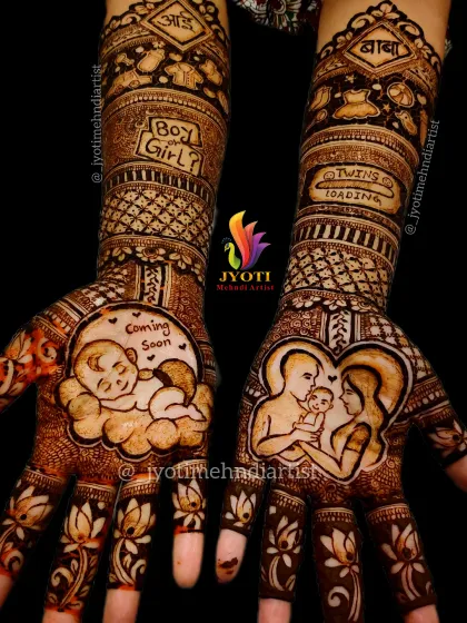 Celebrating new beginnings with a special baby shower mehndi. This design is completely personalized, featuring portraits of the happy family-to-be, a sleeping baby, and fun details like 'Twins Loading' to tell their unique story.