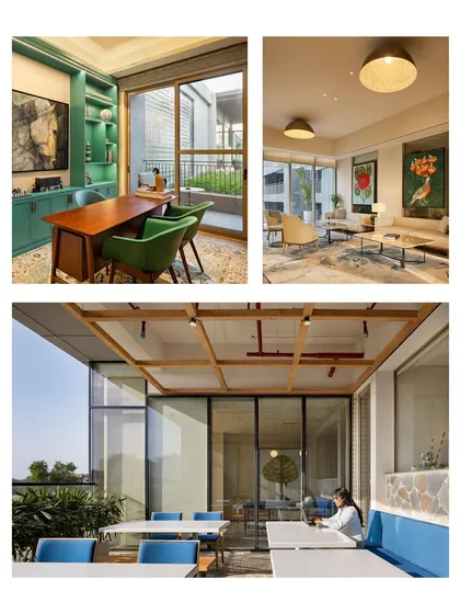 A visual collage from the "Designing Beyond Walls" blog, showing examples of spaces that blur the line between inside and out, and home and office, creating adaptable and connected environments.