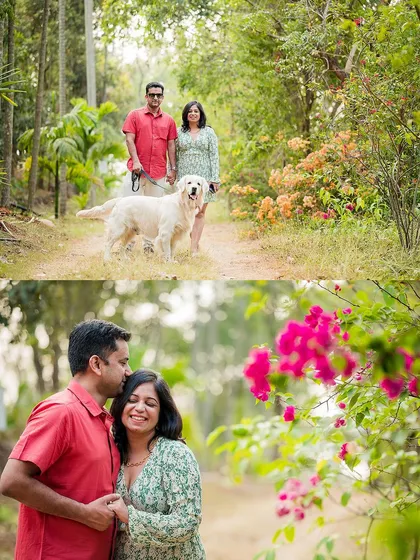 A perfect family portrait doesn't have to be posed. We love capturing these candid moments during a walk in the park, showing the easy, loving bond between a couple and their beautiful golden retriever. The bottom frame shows a quiet, affectionate moment that makes a beautiful memory.