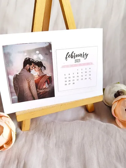 A close-up of a February calendar card with a beautiful wedding photo. A perfect anniversary or wedding gift.