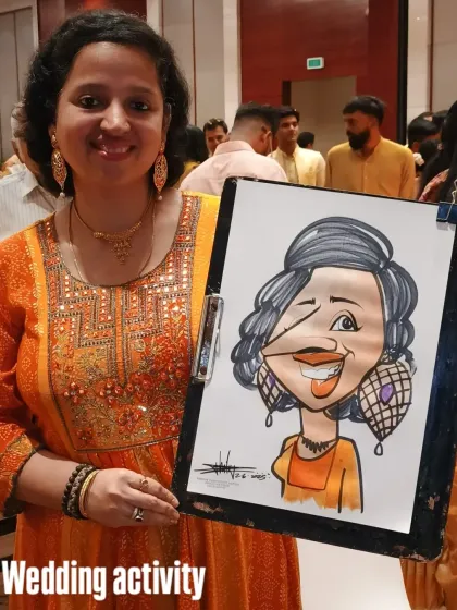 A guest at a Hyatt wedding, beautifully dressed for the occasion. Her caricature captures the festive spirit.