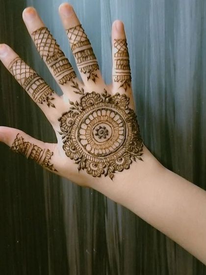 A perfect mandala design for kids or for someone who wants a simple, elegant look. The central mandala is detailed yet clean, and the finger patterns are minimal and chic.