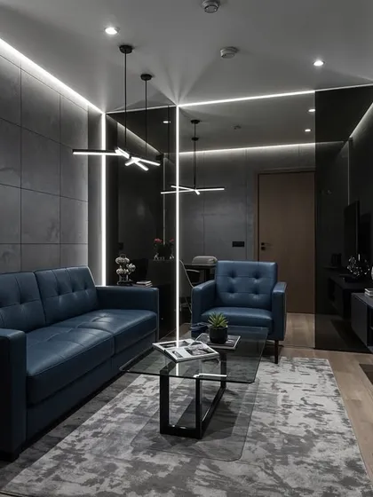 The "BMW" living room: dark, dramatic, and wrapped in leather. This space commands attention and oozes confidence.