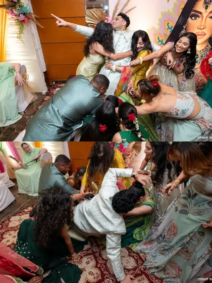 The classic 'juta churai' ritual in full swing. Capturing this playful battle between the two sides is a must for any Indian wedding album.