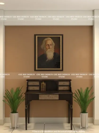 A 3D render of a space dedicated to Tagore, with his portrait and a classic writing desk.