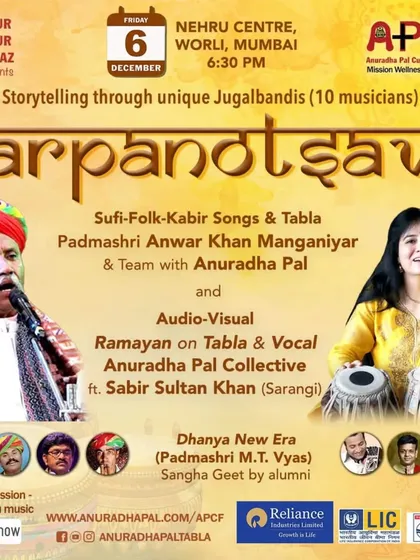 The official poster for 'Arpanotsav', showcasing the dual headline acts. My 'Anuradha Pal Collective' presented the audio-visual 'Ramayan on Tabla', sharing the stage with incredible folk artists.