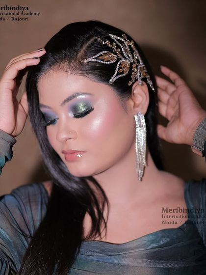 This shot highlights not just the makeup but also the hair styling and accessories, showing the importance of a complete look.