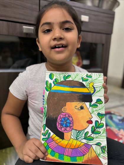 A student's beautiful artwork inspired by ancient Egyptian art. We explore art from around the world to learn about different cultures and styles.