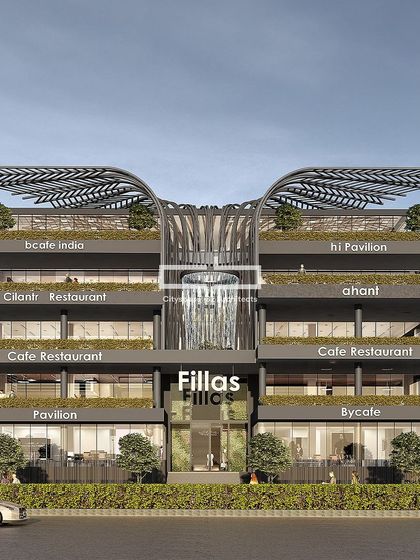 This contemporary retail facade for 'Fillas' features a striking parametric roof overhang, adding a futuristic flair. Lush greenery over the balconies seamlessly blends nature with modern architecture, creating an inviting and sustainable space for visitors.
