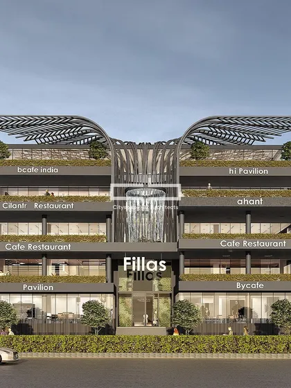 This contemporary retail facade features a striking parametric roof overhang, adding a futuristic flair to the design. Lush greenery over the balconies seamlessly blends nature with modern architecture, creating an inviting and sustainable space.