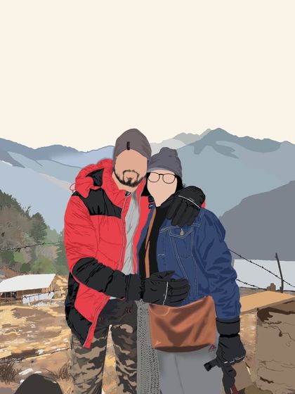 A travel memory from the mountains turned into a faceless illustration, capturing the winter outfits and scenic background.