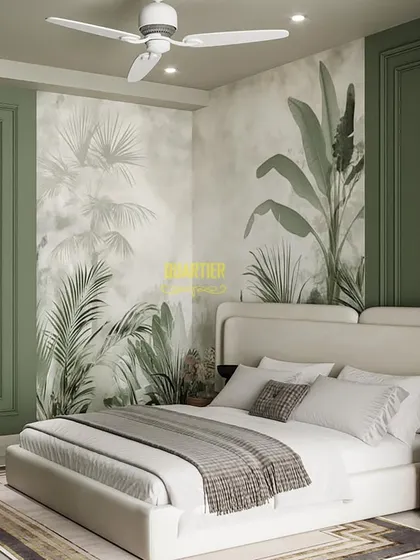 Another perspective of the ATS Rhapsody 3D bedroom design. This view shows how the botanical wall art and the paneled accent wall work together to create a balanced and harmonious composition.