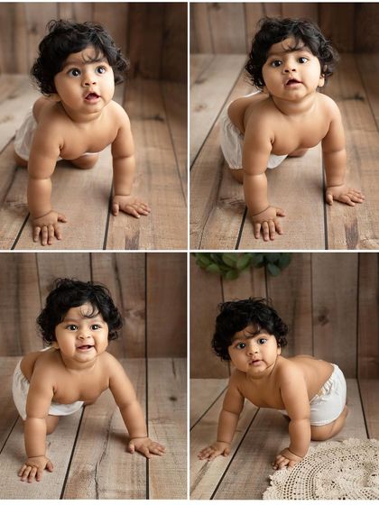 A collage of eight-month-old Viaan, crawling and smiling. Sitter sessions are perfect for capturing these active milestones and their radiant smiles.