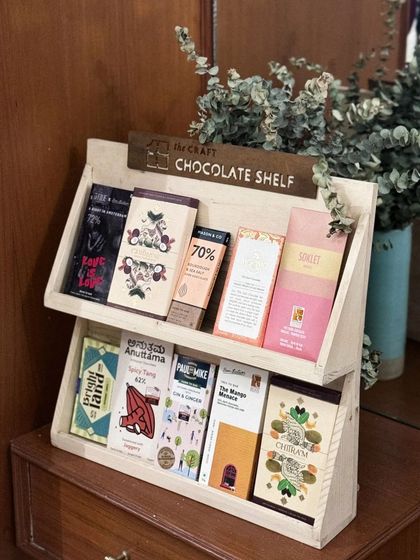 This is our Craft Chocolate Shelf, where we showcase a curated selection of artisanal chocolates from across India. It was a highlight of our recent coffee and chocolate pairing workshop.