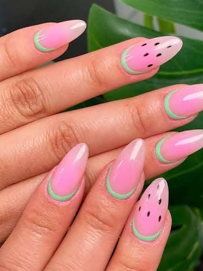 Nothing says summer like watermelon nails. We created this fun and fruity design with a pink base and green tips for a look that's perfect for a picnic.