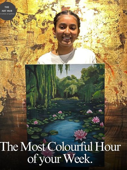My classes can be the most colorful hour of your week. This student is all smiles as she presents her beautiful painting of a lily pond, inspired by Monet.