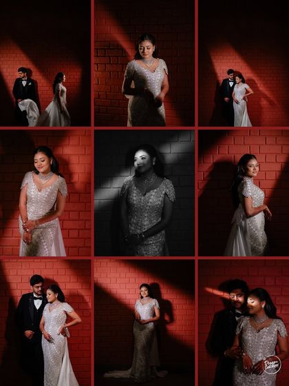 A grid of artistic portraits from a cocktail night. We played with dramatic lighting and shadows to create a series of unique, high-fashion images that are both glamorous and creative.