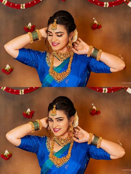 This two-panel image captures both a candid and a posed portrait. It showcases the model's personality and provides a clear view of the hairstyle, adorned with fresh flowers, and the matching jewelry set.