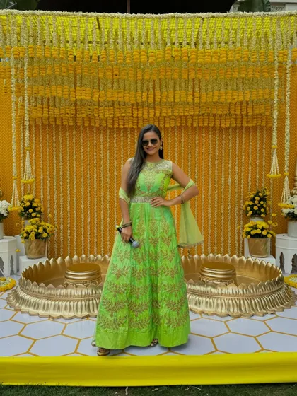 Posing with my microphone, ready to get the Haldi party started.