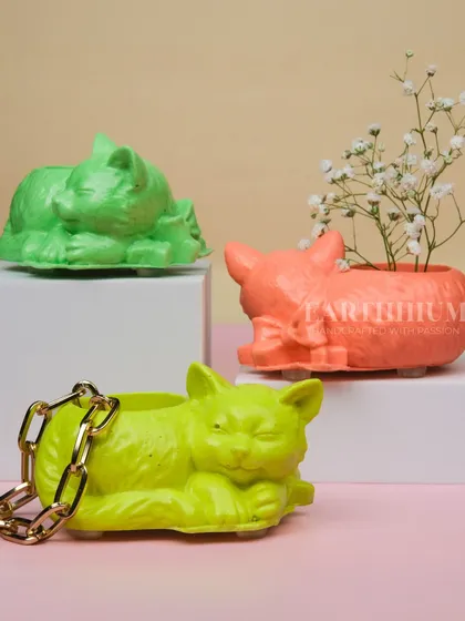 For all the cat lovers, I make these quirky and colorful sleeping cat planters. They are handcrafted from Jesmonite and are perfect for adding a bit of fun to your plant collection.