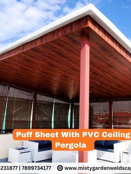 This pergola uses insulated puff sheets for the roof and a PVC ceiling for a clean interior finish. This combination is ideal for maximum heat reduction in hot climates.